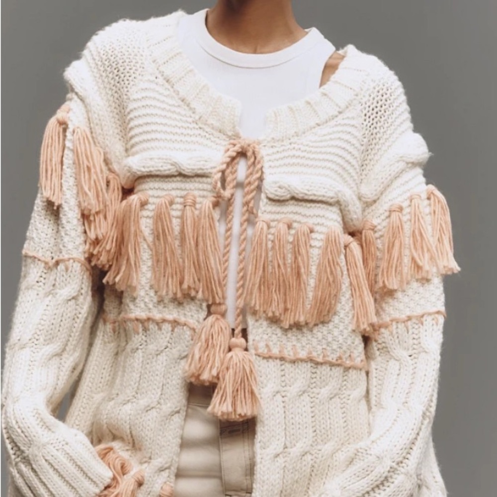 Cream and Tan Chunky Knit Cardigan with Fringe